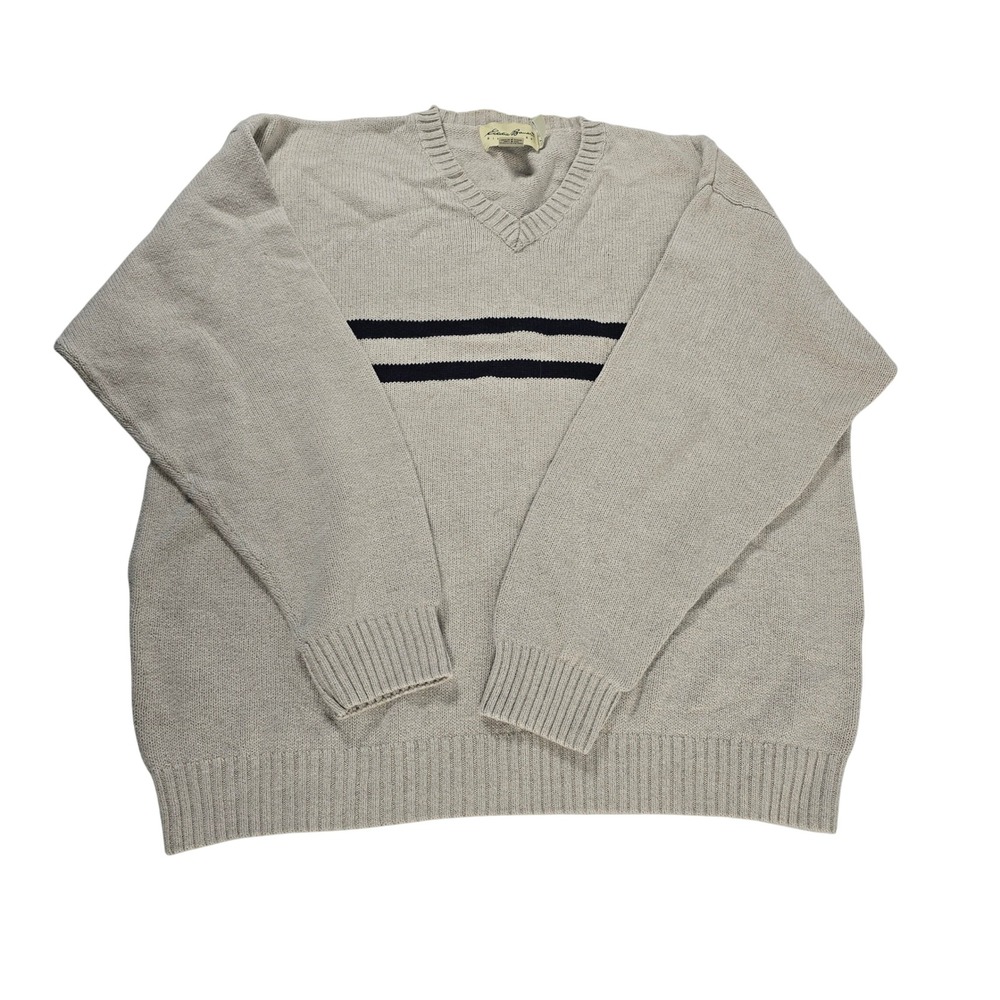 Eddie‎ Bauer Mens Large Beige Linen Cotton V-Neck Striped Knit Sweater